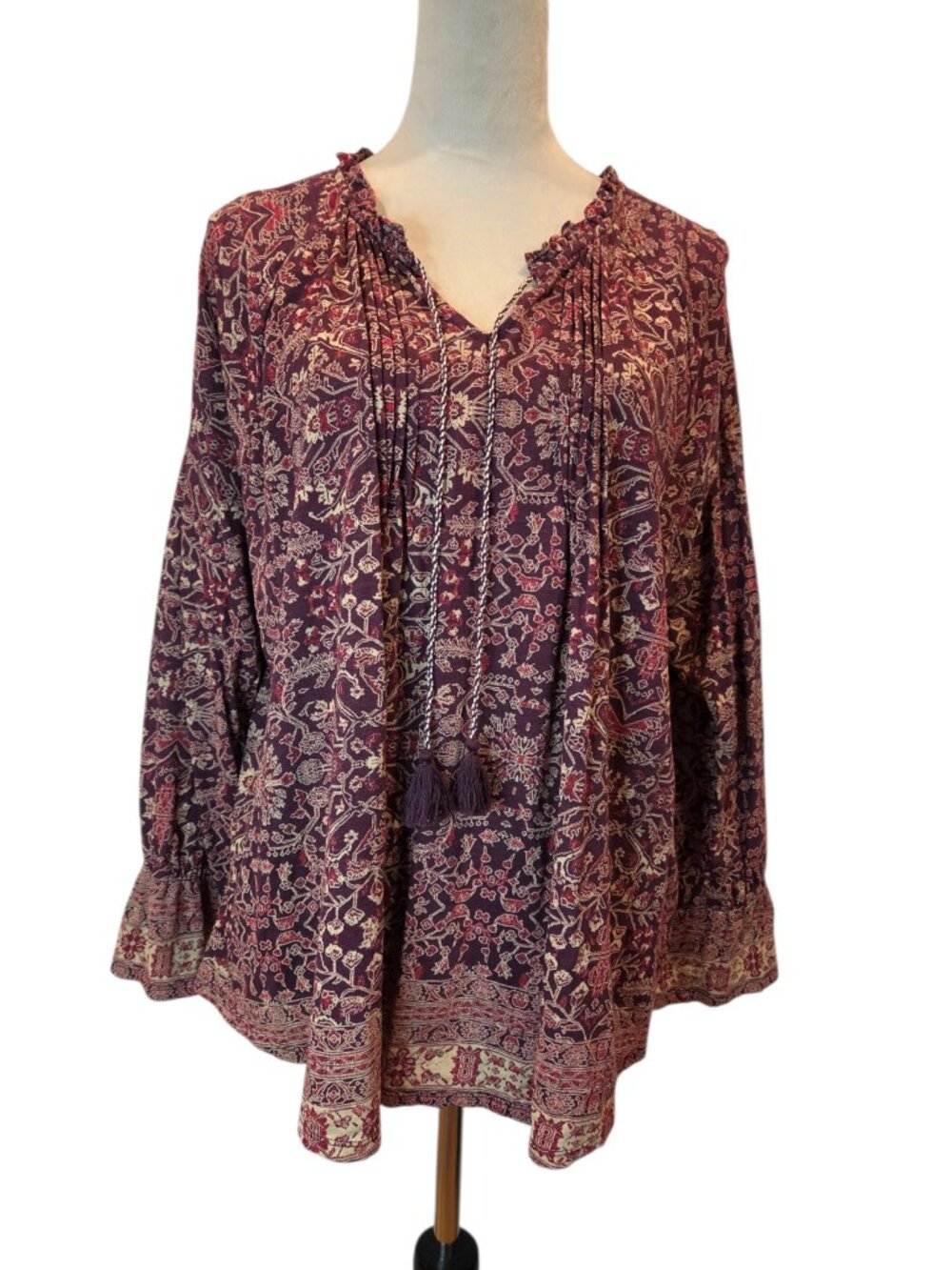 Lucky Brand Printed Boho Blouse Long-Sleeve Maroon Print Top 2X